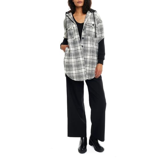 NWT LBLC The Label Mikenna Black White Plaid Hooded Shirt Jacket Shacket Sz M - Picture 1 of 13
